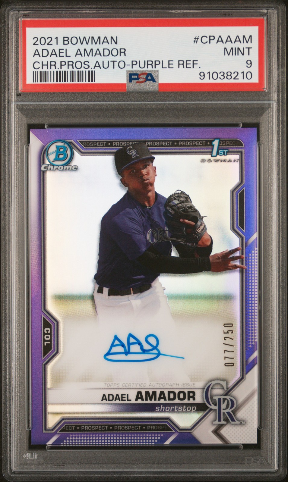 2021 Bowman Chrome Autographs Adael Amador #CPAAAM Purple /250 PSA 9 1st