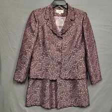 LeSuit Blazer & Skirt Suit Purple Long Sleeve Rose Design Size 14P