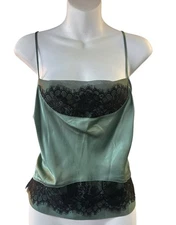 Vintage Moda International Green Satin Cami Top Black Lace Trim Y2K Lingerie L