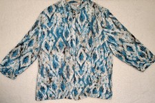 Chicos 100 Linen Jacket Womens Size 2 Watercolor Open Front 3/4 Sleeve 0269