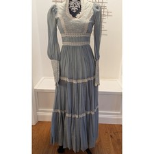 Vtg 1970's Gunne Sax Dusty Blue Lace Trim Maxi Dress Prairie Cottagecore READ