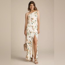 BHLDN Anthropologie Dylan Printed One-Shoulder Satin Side-Slit Gown 0