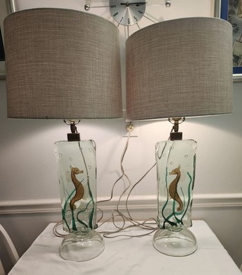 RARE PAIR  HUGE  SEAHORSE GLASS MURANO AQUARIUM FISH LAMPS CENEDESE BARBINI MCM