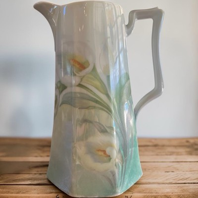 Vintage German Porcelain Pitcher Hand Painted Calla Lily Floral Vase Germany 89