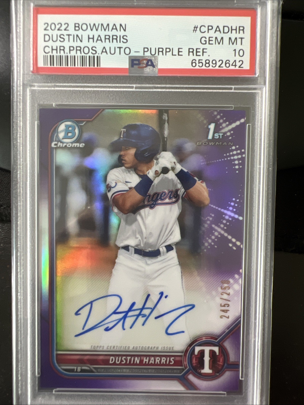 2022 Bowman Chrome DUSTIN HARRIS RC 1ST PURPLE REFRACTOR AUTO /250 PSA 10 AP