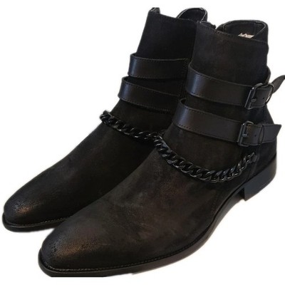 ALDO Men s Black Suede Ankle Harness Boots Buckle Chain Straps Side Zip