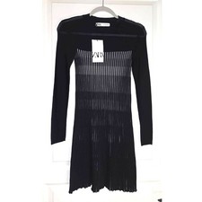 ZARA Women Black White Striped Knit Mini Dress Long Sleeve Sheer Panel 9598/116