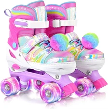 Rainbow Tie-Dye Adjustable Roller Skates for Girls Kids Ages 3-5 5-8 6-12 Pink P