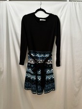 Eliza J black and blue geometric patterned knit dress with tie waist, size L