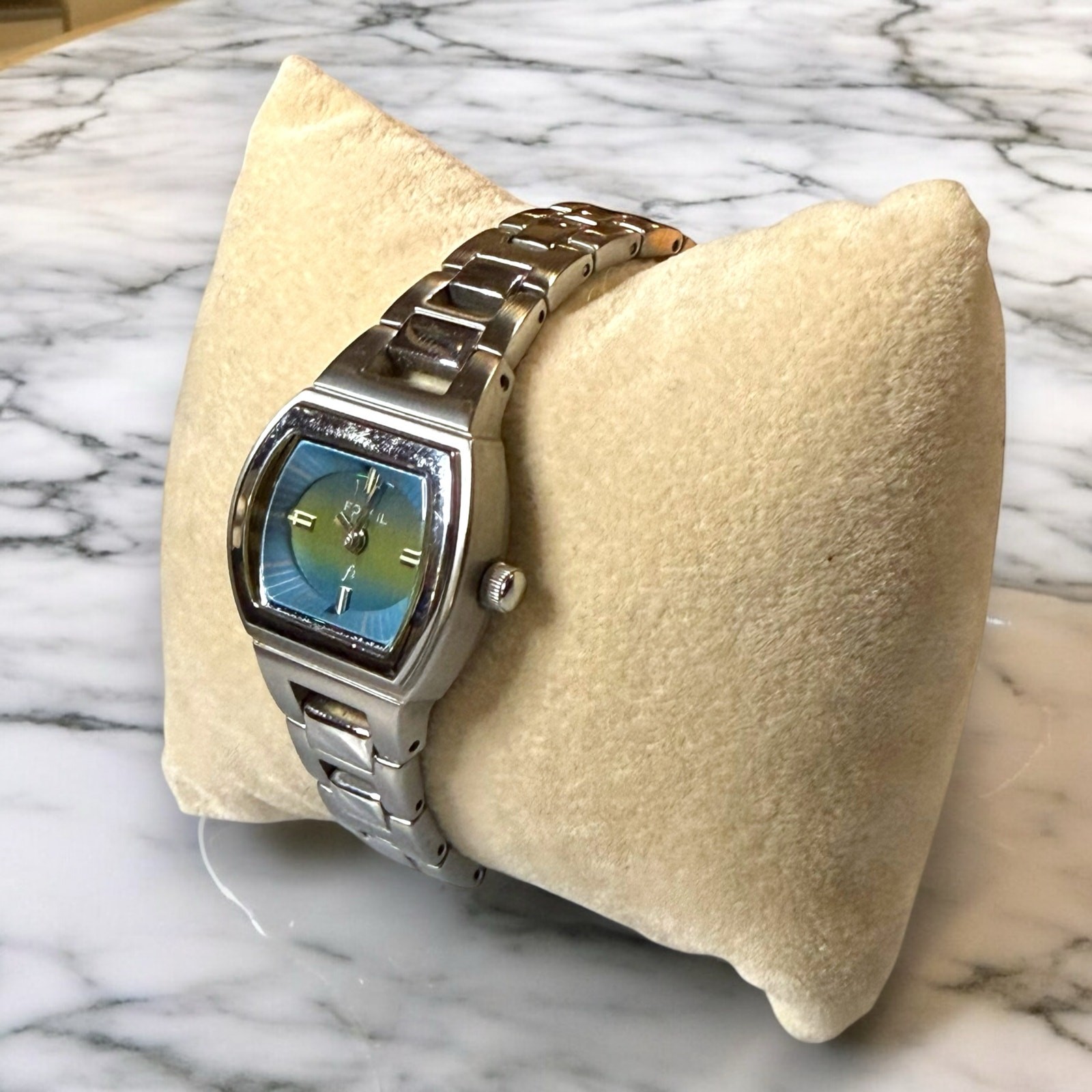 Retro Fossil F2 Watch Womens Stainless Steel Quartz Blue Yellow Dial WORKS