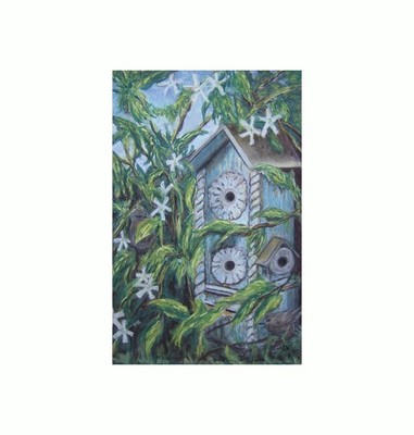 Original Bird  Artwork Garden Birdhouse Pastel  Impressionism Painting