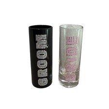 Bride and Groom Rhinestone Shot Glass Set Black and Clear Wedding Glasses