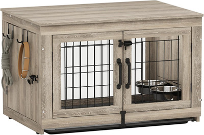 Wooden Dog Crate Furniture with 360°Rotatable Removable Dog Bowls, Dog Crate End