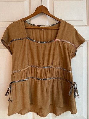 Hem & Thread Tan Peasant Blouse with Patterned Trim
