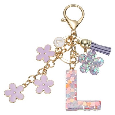 Alphabet l Tassel Cherry Blossom Initial Letter Keychain (Purple, Pack of 1)