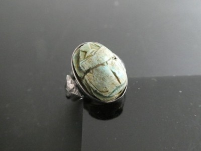 Vintage Egyptian Revival Sterling 925 Carved Faience Scarab Ring Size 5.5