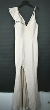 Xscape Womens Beige Designer V-Neck Sleeveless Front Cut Bodycon Maxi Dress 4