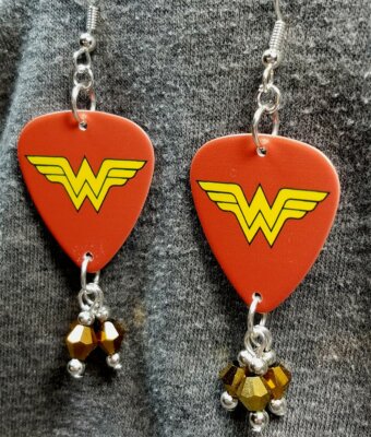Wonder Woman Emblem Guitar Pick Earrings with Gold Swarovski
