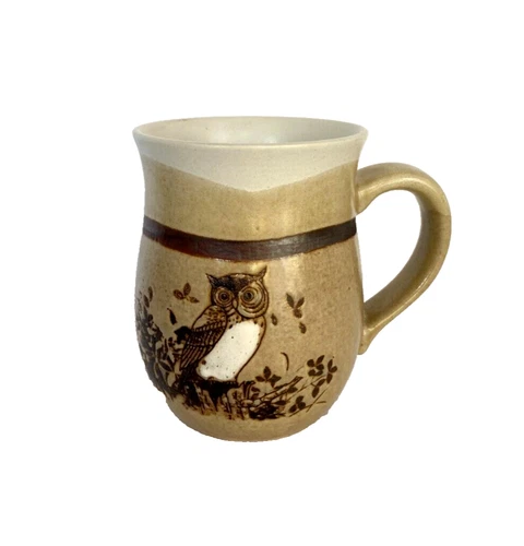 Vintage 70s Mid Century Handmade Stoneware Owl Mug