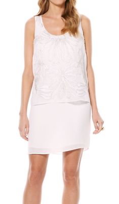 Laundry~ White Chiffon Silver Beads Popover Blouson Shift Party Dress 4 NEW $245