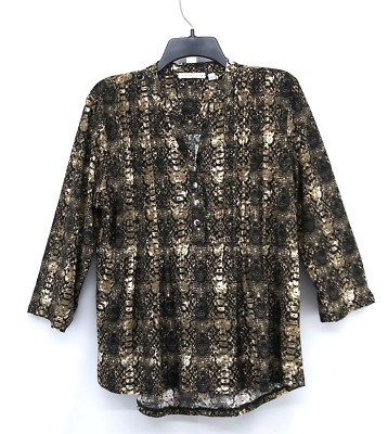 Notations Shirt Womens Size L Brown Black Henley Roll Tab Sleeve Pullover Blouse