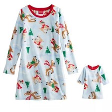 Girl's Rudolph and Clarice Print Fleece Nightgown w/Doll Gown