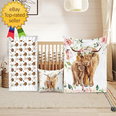 Baby Crib Bedding Set - Highland Cow Design Nursery Bedding 3 Pcs Set - Chic Sof