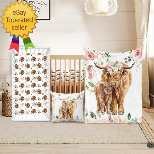 Babybett Bettwäsche Set - Highland Cow Design Kinderzimmer Bettwäsche 3-tlg. Set - Chic Sof