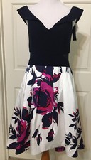 NWT XSCAPE size 8 white navy purple sleeveless fit and flare dress $248