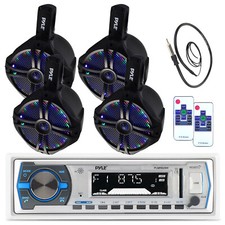 4 8" Black Marine LED Wake Board Speakers, Antenna ,Pyle Bluetooth USB Radio