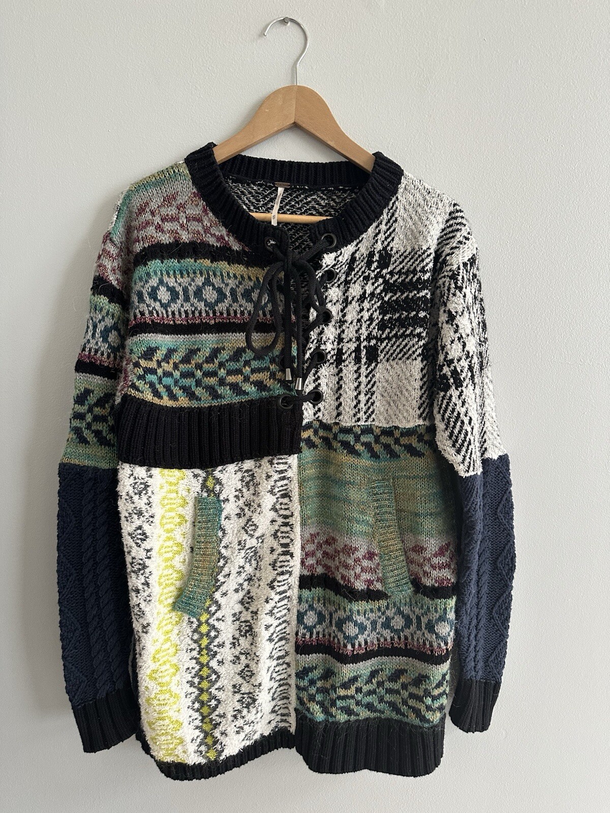 Free People Knit Patchwork Pullover Sweater Wool … - image 1