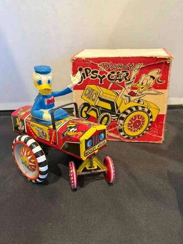 Disney 1930's Louis Marx Tin DONALD DIPSY CAR with BOX in Working Condition