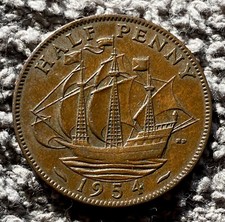 Half Penny 1954, Royaume-Uni, Elizabeth II (Bronze), environ très bon état +