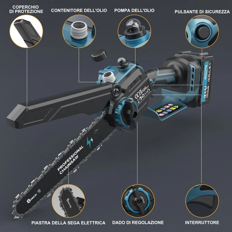 Mini Motosega 8 Pollici Elettrica a Batteria Brushless con 8000mAh 1200W - Immagine 3 di 4