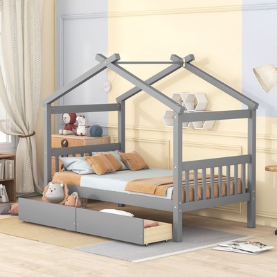 Gray Twin Wooden House Bed w/ Drawers