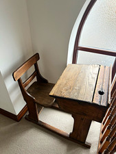 Vintage Dark Wood School Desk w/ Attached Seat, Lift-Top Storage, Inkwell sizes