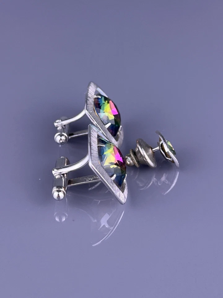 Pin de corbata gemelos de diamantes de imitación Rivoli rosa a azul tono plateado anson abierto vintage Foto 2 de 4