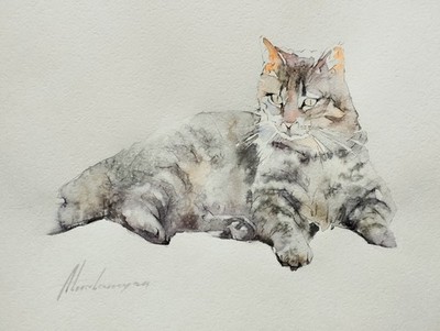 Cat, Animal, Watercolor artwork, Handmade, Original painting on paper