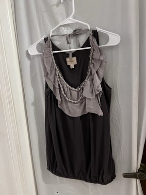 Anthropologie Deletta Gray Bubble Hem Top Removable Collar Trim Sz S