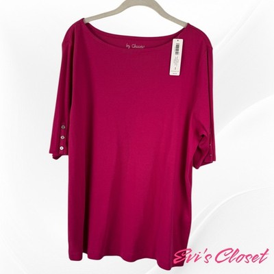 Chico's Sadie Boat NK Button RaspberryTruffle Basic Top Sz Chico's Sz 3 -16 NWT