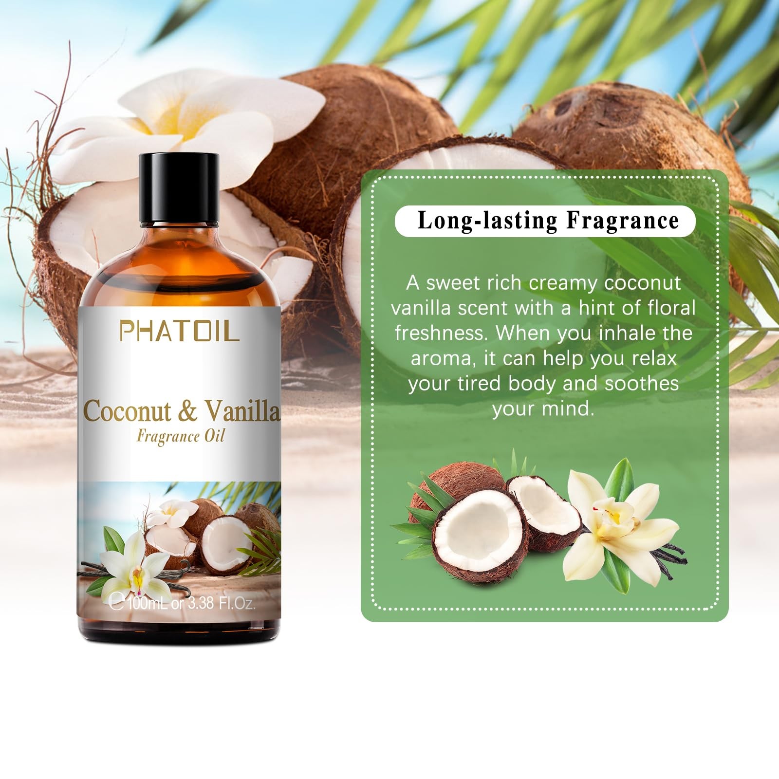 PHATOIL 3.38FL.OZ Coconut & Vanilla Fragrance Oils for Aromatherapy, Essential thumbnail 5