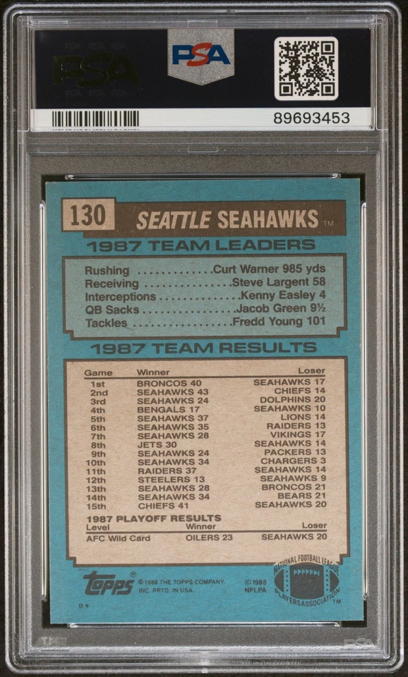 1988 Topps Seahawks Team Ldrs. #130 Warner Follows Blocking PSA 9 - Image 2 of 2