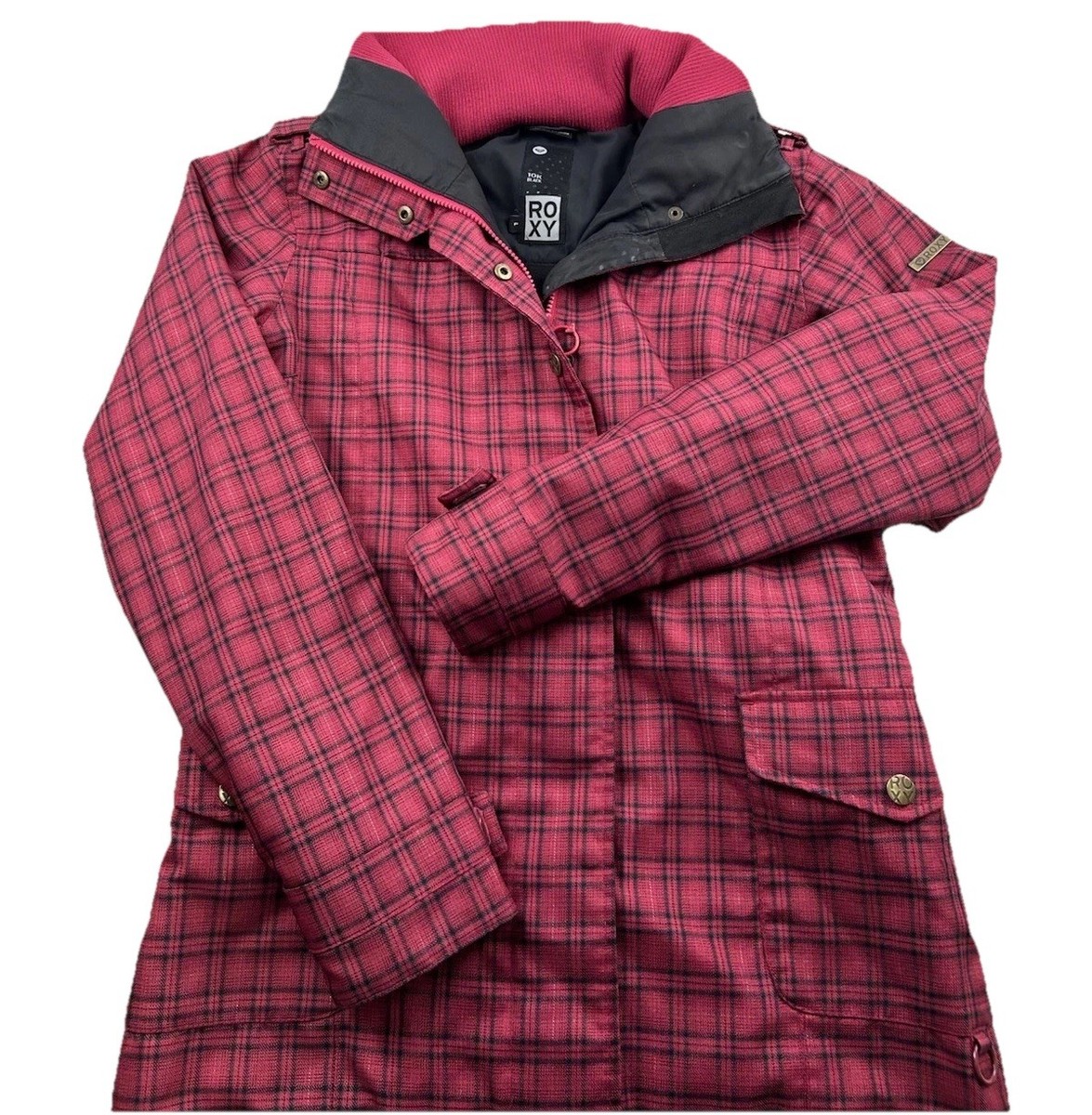 Roxy 10K Black Women's Large Dark Pink Plaid Jacket Turtle Neck
