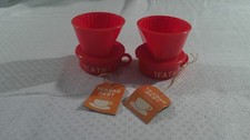 Set 2 porta bustine da tè in plastica rosso e oro vintage anni 50 nuovi con etichetta