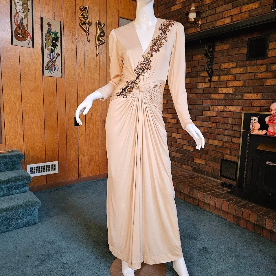 slim fit dress slacks 70s Disco Dress in Black with Gold Sparkle, Halter Style w/ Cutouts, Open  Back & Deep Side Slits / S main image 1