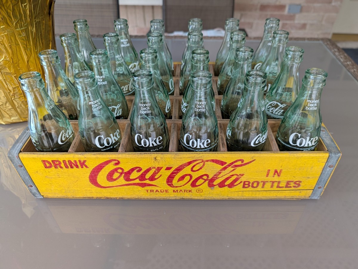 Vintage 24 Coca Cola Green Bottles Of 6 1/2 FL Oz. With Wooden Box