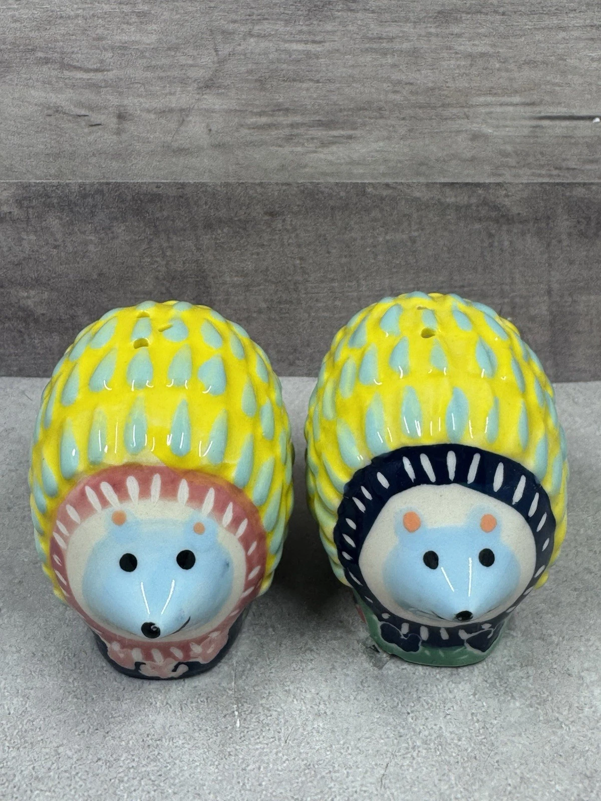 Anthropologie Salt Pepper Set SISI Hedgehog Handpainted Yellow Blue Ceramic