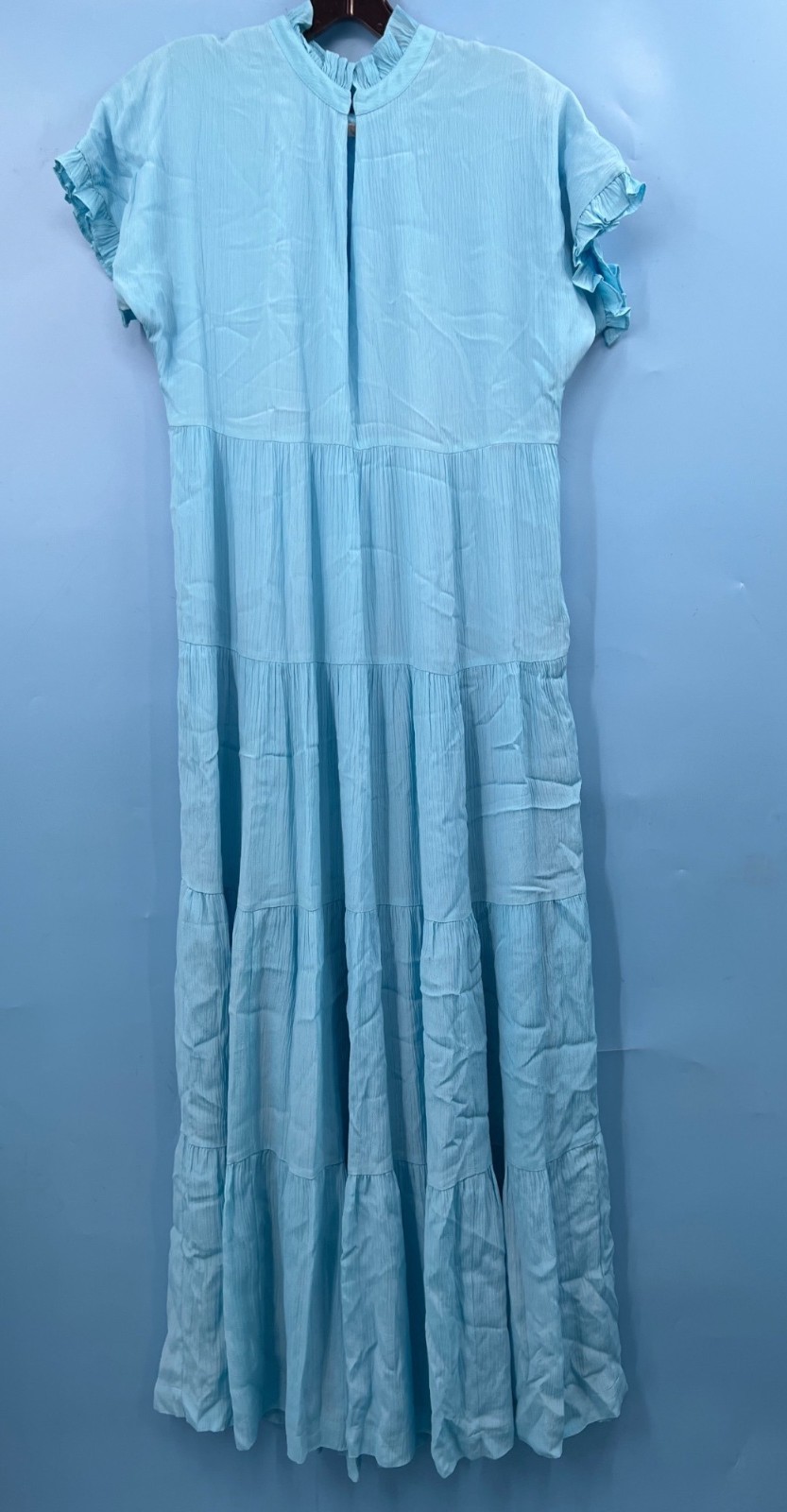 MARIE OLIVER Lt Blue Rayon & Silk Ruched Keyhole SS Maxi Dress Sz S