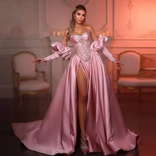 Glitter Slit Evening Dress Rhinestone Sweetheart Corset A-line Pleated Prom Gown