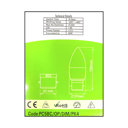 Pack of 4 LED DIMMABLE Candle Lamp 5.5W = 40W B22 , 3000K Warm White, 470 Lumens - Picture 7 of 9